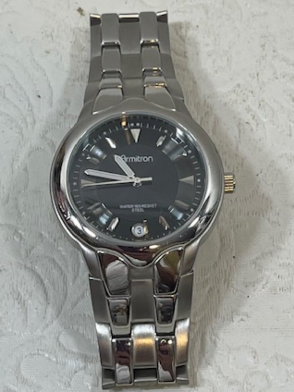 Silver-Tone Armitron Watch Black Dial Date Stainless Steel Band Classic Casual